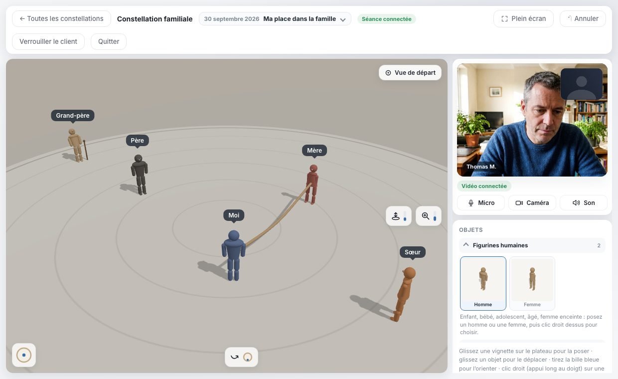 La table de constellation familiale de Thérapist Agenda pendant une visio : figurines nommées sur un plateau en 3D, le client en vidéo à droite