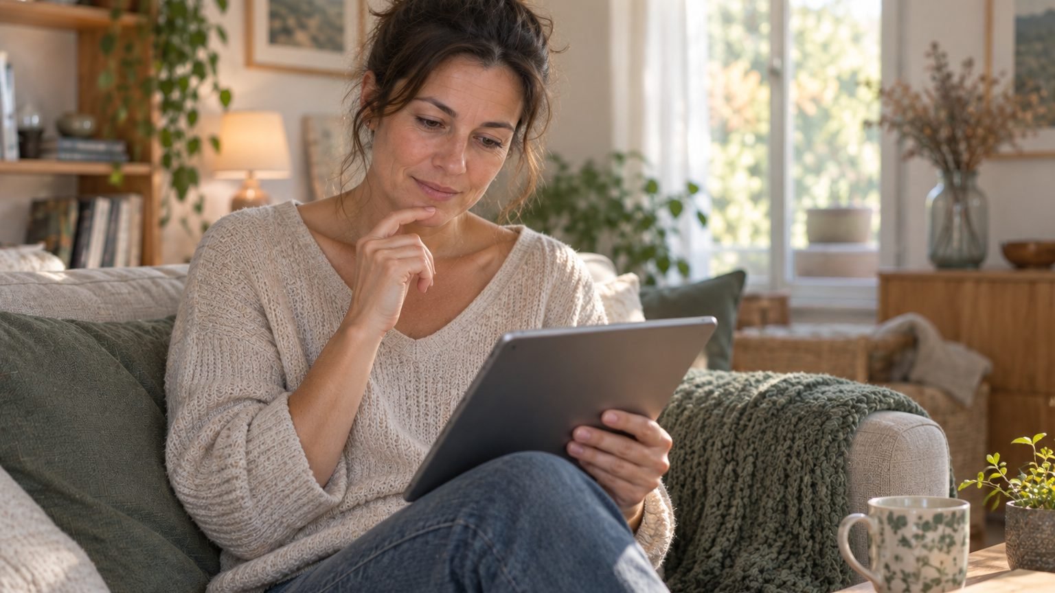 Chez elle, une cliente remplit sur sa tablette le questionnaire que sa thérapeute lui a envoyé avant la première séance.