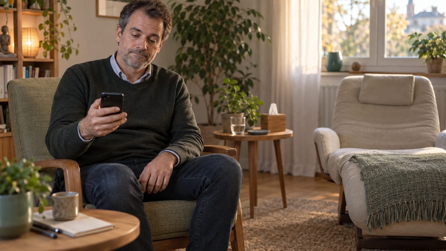 Une hypnothérapeute attend dans son cabinet, face au fauteuil vide de son client, à l’heure du rendez-vous.
