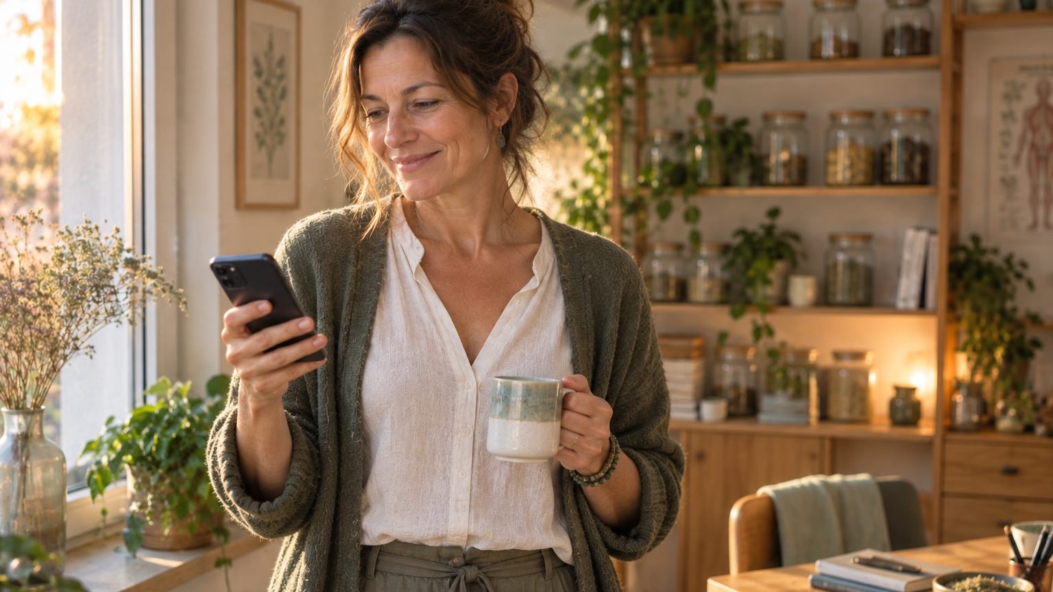 Une naturopathe consulte sur son téléphone une réservation qui vient d’arriver, dans son cabinet.